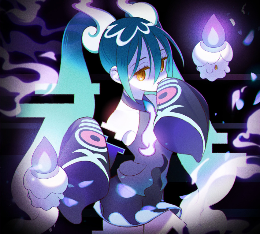 1girl bare_shoulders blue_hair commentary ghost ghost_miku_(project_voltage) grey_shirt hair_between_eyes hatsune_miku highres litwick long_hair necktie pale_skin pokemon pokemon_(creature) project_voltage saeangnim see-through see-through_skirt shirt skirt sleeves_past_wrists twintails very_long_hair vocaloid will-o'-the-wisp_(mythology) yellow_eyes