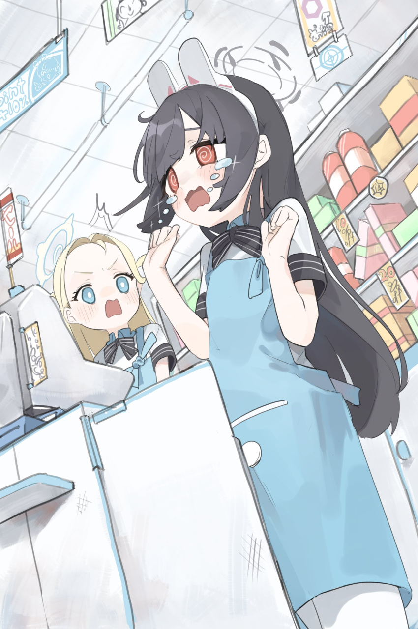 2girls @_@ ^^^ absurdres angel's_24_uniform_(blue_archive) apron arona's_sensei_doodle_(blue_archive) arona_(blue_archive) black_bow black_bowtie black_hair blue_apron blue_archive boku_2020 bow bowtie convenience_store dutch_angle forehead halo hands_up highres indoors looking_ahead looking_at_another miyu_(blue_archive) multiple_girls red_eyes sensei_(blue_archive) shirt shop sora_(blue_archive) striped striped_bow striped_bowtie teardrop wavy_mouth white_shirt