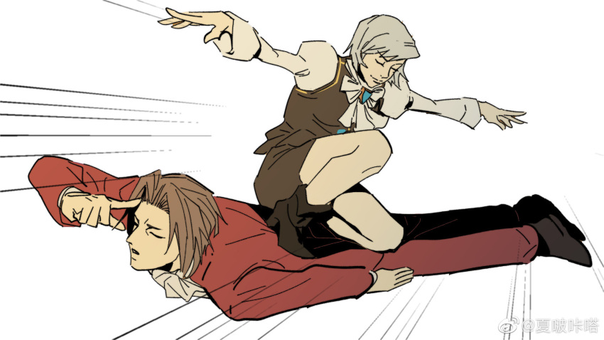 1boy 1girl ace_attorney ascot brown_hair closed_eyes commentary_request emphasis_lines ezui finger_to_head flying franziska_von_karma grey_hair hair_intakes highres miles_edgeworth on_one_knee on_person outstretched_arms red_suit short_hair sky_surfing suit weibo_logo weibo_username