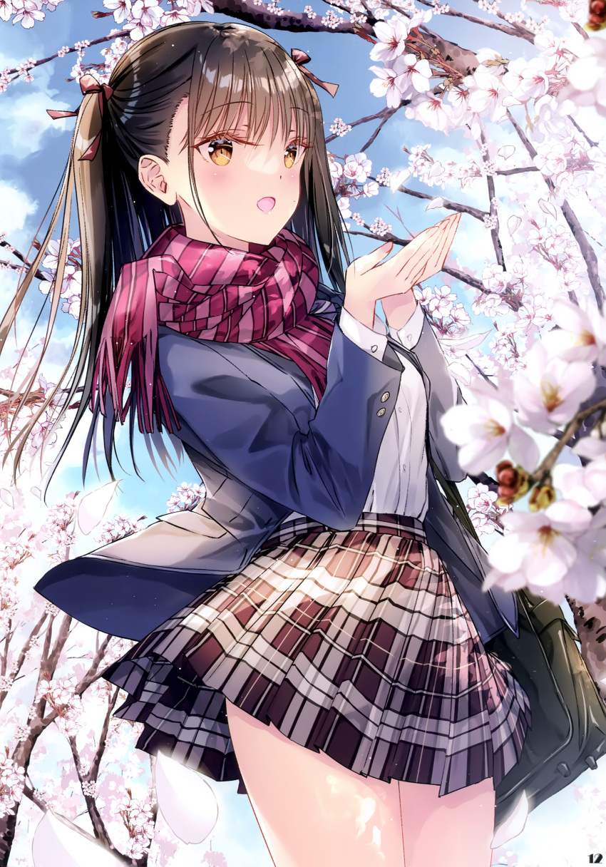 1girl absurdres bag blazer blue_sky blush bow branch breasts brown_eyes brown_hair buttons cherry_blossoms clouds cloudy_sky day fingernails flower hair_bow hands_up highres holding jacket kobayashi_chisato long_hair long_sleeves open_clothes open_mouth original outdoors pleated_skirt scan scarf school_bag school_uniform shirt simple_background skirt sky small_breasts smile solo thighs twintails white_shirt winter_clothes
