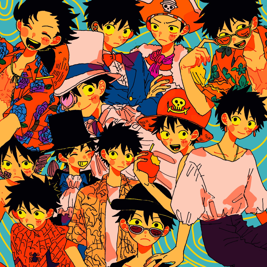 costume earrings floral_print hat highres jewelry maeda_(crast_1) monkey_d._luffy monocle multiple_views one_piece pirate_hat shirt straw_hat sunglasses top_hat