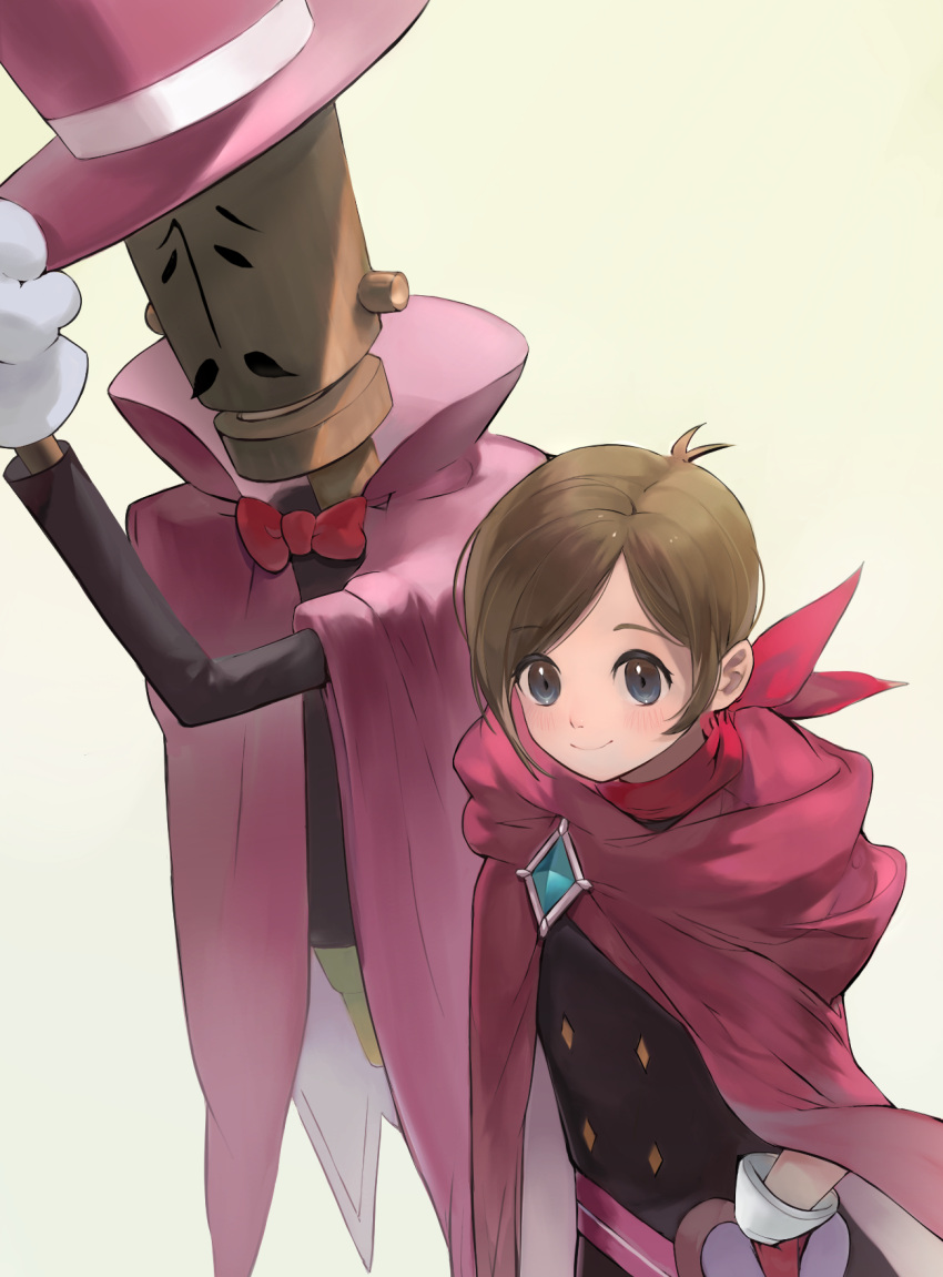 1girl ace_attorney antenna_hair belt_pouch black_dress blue_eyes blush bow bowtie brooch brown_hair buttons cape closed_mouth diamond_button dress gem gloves green_gemstone hand_on_own_hip hat highres jewelry looking_at_viewer mr_hat_(ace_attorney) paya_32 pink_cape pink_headwear pouch puppet red_bow red_bowtie red_scarf scarf short_hair simple_background smile solo swept_bangs top_hat trucy_wright upper_body white_background white_gloves