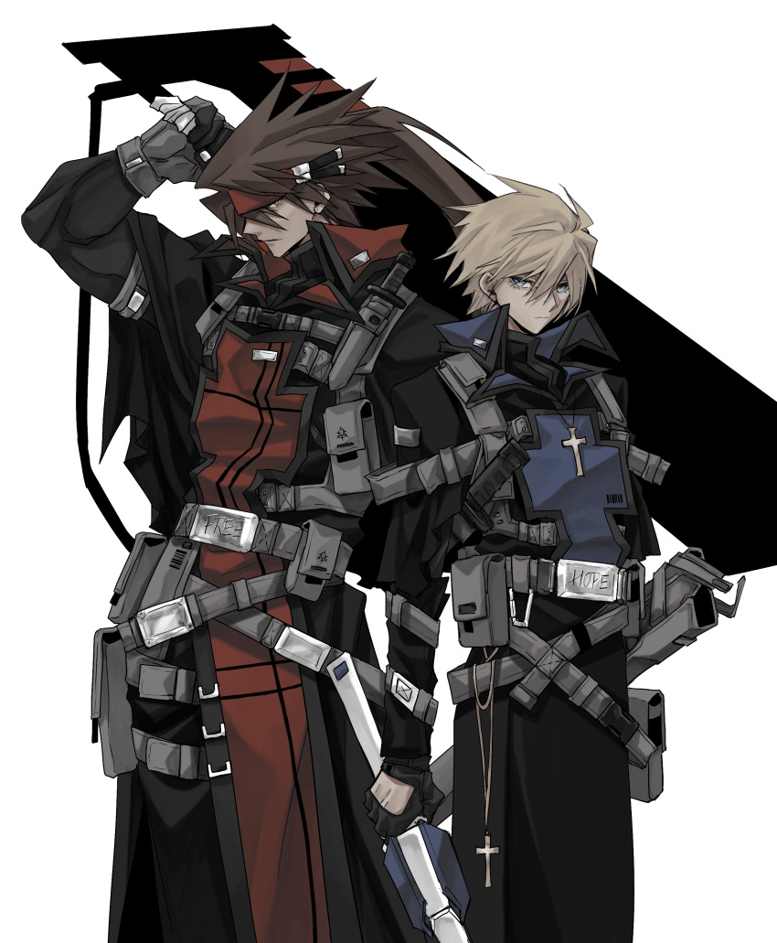 2boys absurdres ahoge belt_pouch black_gloves blonde_hair blue_eyes brown_hair coat cross cross_necklace dong_hole gloves guilty_gear guilty_gear_xx headband highres holding holding_sword holding_weapon huge_weapon jewelry knife ky_kiske male_focus multiple_boys muscular muscular_male necklace order-sol ponytail pouch red_headband simple_background sol_badguy spiky_hair sword weapon white_background yellow_eyes