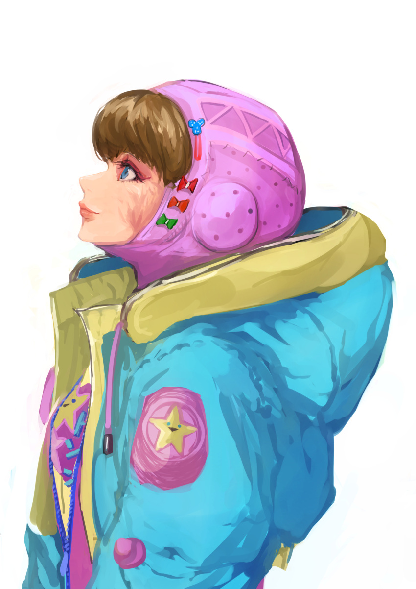 1girl absurdres animification apex_legends blue_eyes blue_jacket bow brown_hair from_side green_bow higemu highres hood hood_down hooded_jacket jacket kawaii_voltage_wattson looking_up official_alternate_costume pink_lips profile purple_headwear red_bow scar scar_on_cheek scar_on_face smile solo star_(symbol) sweater wattson_(apex_legends) white_background yellow_sweater