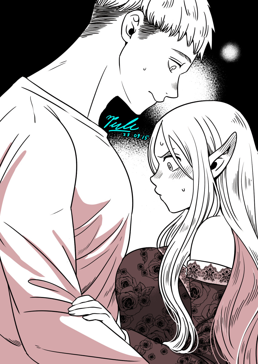 1boy 1girl absurdres alternate_hairstyle bare_shoulders blush closed_mouth dated dress dungeon_meshi ear_blush elf face-to-face floral_print hair_down height_difference highres laios_thorden long_hair long_sleeves looking_at_another looking_down looking_up marcille monochrome pelt perle_arte pointy_ears rose_print short_hair signature sweatdrop upper_body
