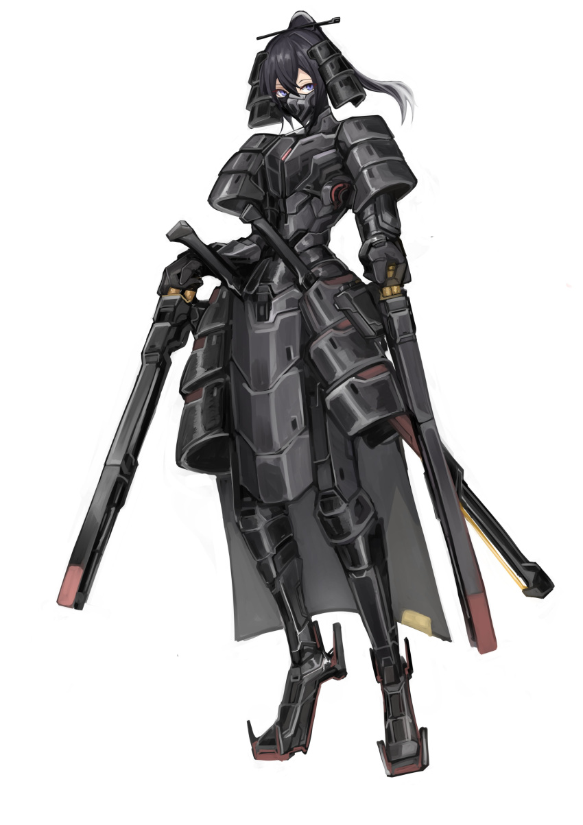 1girl absurdres aokuma_(yuuran_create) armor black_hair blue_eyes breastplate commission faulds full_body heel-less_heels high_heels highres looking_at_viewer mask medium_hair mouth_mask original pelvic_curtain ponytail power_armor shoulder_armor solo standing white_background
