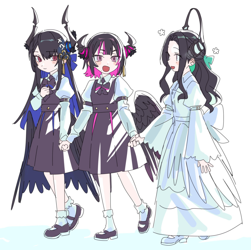 3girls absurdres aged_down anerissa_ravencroft black_hair blue_hair colored_inner_hair demon_horns hair_ornament highres holding_hands hololive hololive_english horns long_hair low_wings mole multicolored_hair multiple_girls nerissa_ravencroft oneerissa_ravencroft open_mouth pink_eyes pink_hair red_eyes short_hair siblings simple_background sisters smile tassel tassel_hair_ornament two-tone_hair virtual_youtuber white_background wings yomosaka