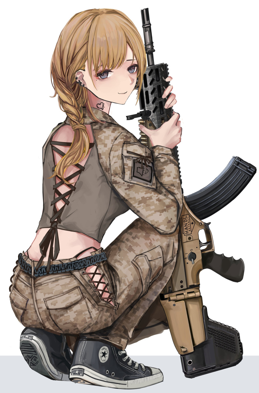 1girl absurdres arx-160 ass assault_rifle black_footwear blonde_hair blue_eyes braid camouflage camouflage_pants camouflage_shirt converse desert_camouflage gun highres lithographica looking_at_viewer looking_back military_uniform original panties pants rifle shirt shoes sneakers solo squatting underwear uniform weapon yellow_panties