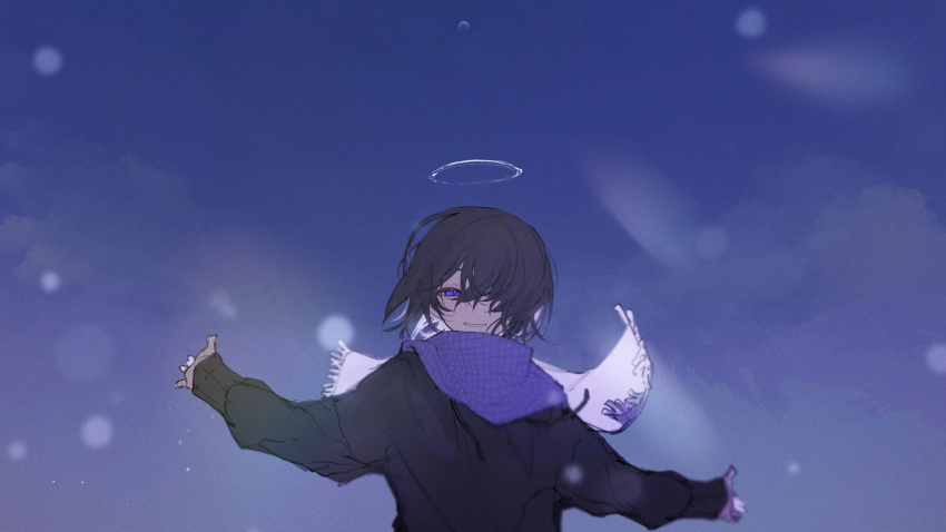 1girl absurdres black_hair black_sweater blurry commentary_request depth_of_field floating_hair hair_over_one_eye halo highres kajiwara_3 long_sleeves looking_at_viewer original outdoors purple_scarf scarf short_hair sky smile snow solo sweater upper_body violet_eyes