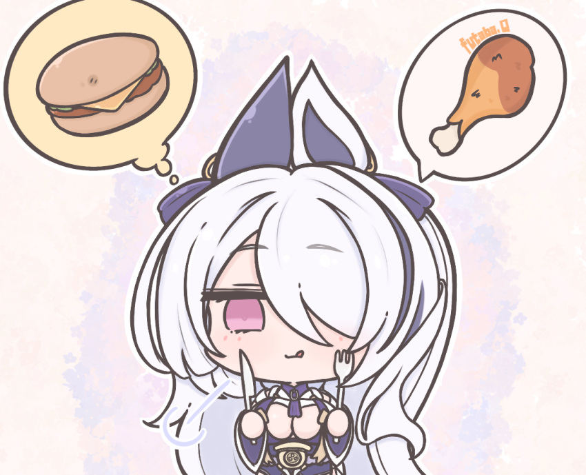 1girl azur_lane burger chibi chicken_leg food fork futaba_(anti_clockwise) hair_ornament hair_over_one_eye holding holding_fork holding_knife japanese_clothes knife licking_lips long_hair looking_at_viewer multicolored_hair nejikirio_(style) purple_hair signature solo streaked_hair thought_bubble tongue tongue_out unzen_(azur_lane) violet_eyes white_hair wide_sleeves
