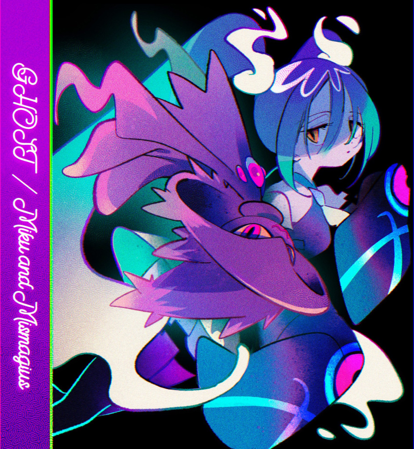 1girl aqua_hair black_background black_thighhighs floating ghost ghost_miku_(project_voltage) grey_shirt hair_between_eyes hatsune_miku highres long_hair looking_at_viewer mismagius ok_ko19 pale_skin pokemon project_voltage shirt skirt sleeves_past_fingers sleeves_past_wrists thigh-highs twintails upside-down very_long_hair vocaloid will-o'-the-wisp_(mythology)