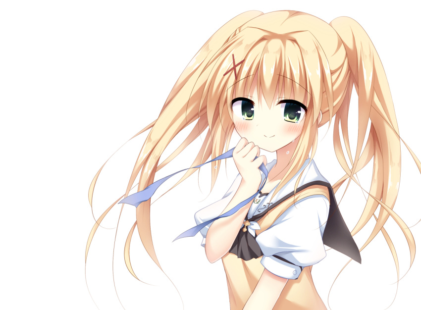 1girl arm_at_side ascot black_ascot blonde_hair blue_ribbon blush closed_mouth commentary_request crying eyelashes eyes_visible_through_hair floating_hair green_eyes hair_between_eyes hair_ornament hand_up happy_tears holding holding_ribbon korokoro_cat long_hair looking_at_viewer puffy_short_sleeves puffy_sleeves ribbon sailor_collar school_uniform serafuku shirt short_sleeves sidelocks simple_background smile solo streaming_tears summer_pockets sweater_vest tears tsumugi_wenders twintails upper_body white_background white_sailor_collar white_shirt x_hair_ornament yellow_sweater_vest