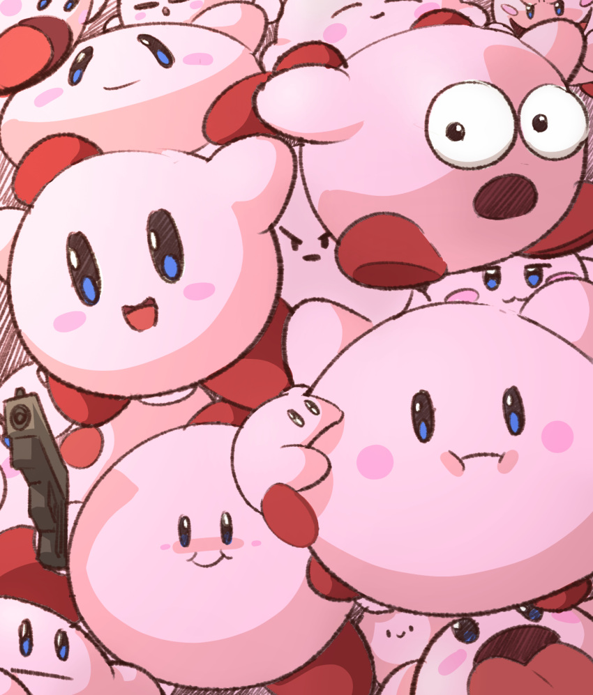._. :3 :i :| ^_^ black_eyes blue_eyes blush blush_stickers chewing clone closed_eyes closed_mouth commentary constricted_pupils english_commentary gao_ex_kaiser gun half-closed_eyes handgun happy highres holding holding_gun holding_weapon jitome kirby kirby_(series) no_humans open_mouth pink_theme smile surprised tongue tongue_out too_many v-shaped_eyebrows weapon wide-eyed