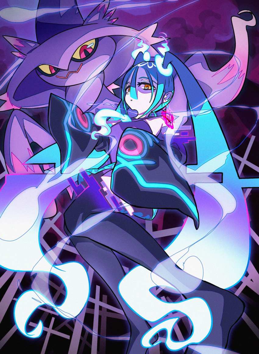 1girl aqua_hair black_thighhighs ghost ghost_miku_(project_voltage) grey_shirt hair_between_eyes hatsune_miku highres long_hair looking_down mismagius mk_928225 necktie pale_skin pokemon pokemon_(creature) project_voltage shirt skirt sleeves_past_wrists thigh-highs twintails very_long_hair vocaloid will-o'-the-wisp_(mythology) yellow_eyes
