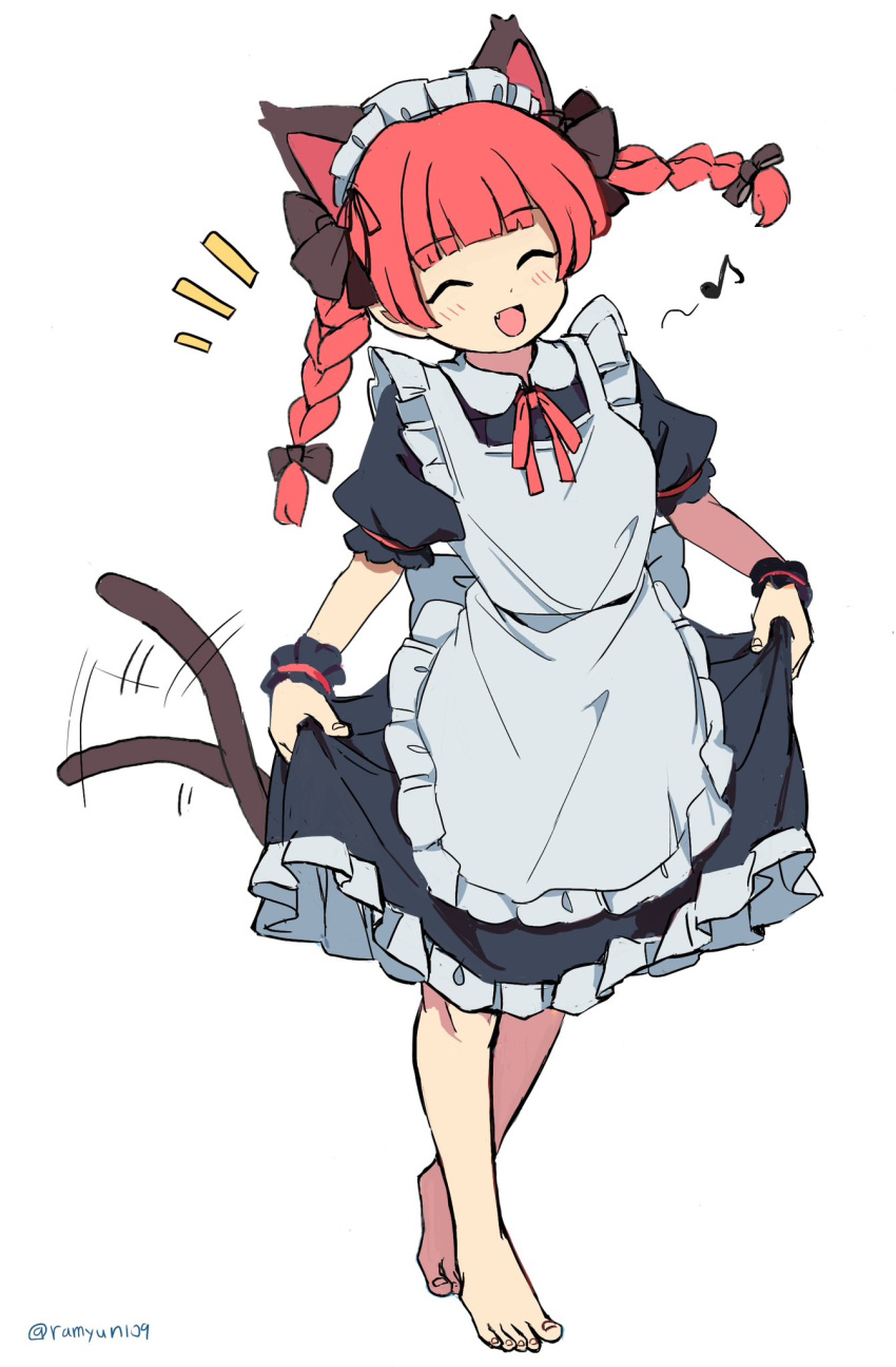 1girl alternate_costume animal_ears apron barefoot black_dress blush braid cat_ears cat_tail closed_eyes dress enmaided extra_ears fang frilled_apron frilled_dress frills full_body highres kaenbyou_rin long_hair maid maid_apron maid_headdress multiple_tails open_mouth ramudia_(lamyun) redhead short_sleeves simple_background smile solo tail touhou twin_braids twitter_username two_tails white_apron white_background wrist_cuffs