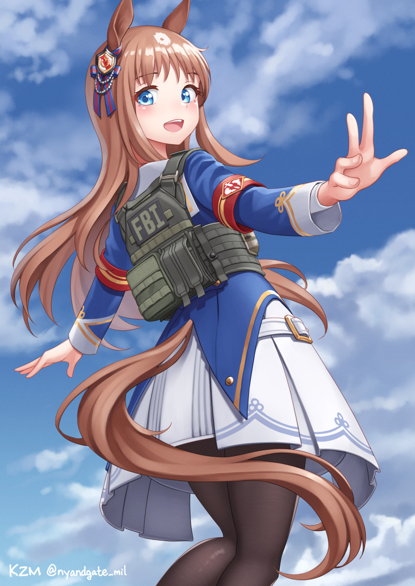 1girl absurdres animal_ears artist_name black_pantyhose blue_dress blue_eyes brown_hair chest_rig clouds cloudy_sky commission dress fbi grass_wonder_(umamusume) highres horse_ears horse_girl horse_tail kzm_(sub-moa_works) long_hair outstretched_arms pantyhose skeb_commission sky smile solo swat tail two-tone_dress umamusume white_dress