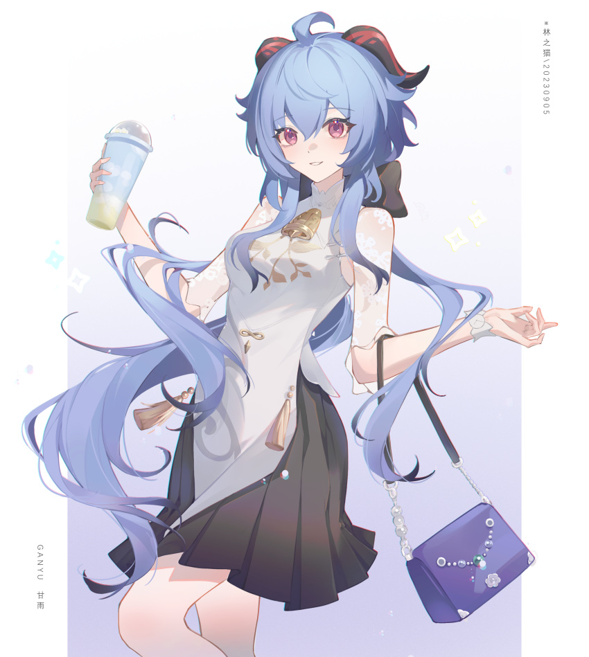 1girl absurdres ahoge bag bell black_skirt blue_hair blush bow breasts cup disposable_cup ganyu_(genshin_impact) ganyu_(heytea)_(genshin_impact) genshin_impact handbag highres holding holding_cup horns lin_zhi_mao long_hair looking_at_viewer low_ponytail medium_breasts neck_bell official_alternate_costume purple_bag see-through see-through_sleeves shirt sidelocks skirt smile solo standing violet_eyes white_wristband