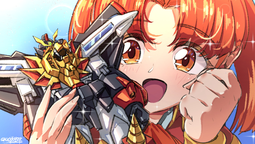 1girl :d artist_name blush brown_eyes clenched_hand derivative_work drill english_commentary gao_ex_kaiser gaogaigar highres holding holding_toy jacket open_mouth orange_hair parted_bangs portrait precure red_jacket red_ribbon ribbon screencap_redraw smile smile_precure! solo sparkle toy toy_robot twintails utsugi_mikoto yuusha_ou_gaogaigar yuusha_series