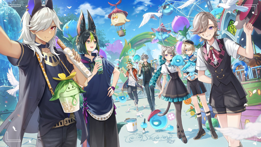 1girl 6+boys :d absurdres aether_(genshin_impact) aircraft alhaitham_(genshin_impact) alternate_costume amaichi_esora animal_ears antenna_hair aqua_bow aqua_ribbon arama_(genshin_impact) aranara_(genshin_impact) ararycan_(genshin_impact) arm_behind_back arm_up art_brush bag balloon beret bird black_choker black_footwear black_hair black_hairband black_headwear black_jacket black_pants black_pantyhose black_shirt black_shorts black_skirt black_socks black_vest black_wristband blonde_hair blue_eyes blue_flower blue_hoodie blue_sky blunt_bangs blunt_ends bow box braid bucket buttons cable carousel cat_ears cat_girl cat_tail choker churro closed_mouth clouds collarbone collared_shirt commentary cotton_candy cup cyno_(genshin_impact) dark-skinned_male dark_skin day disposable_cup drinking_straw earrings eating english_commentary expressionless eyepatch facial_mark fake_animal_ears feather_hair_ornament feathers ferris_wheel flower food food_on_face fountain fox_boy fox_ears fox_tail freckles freminet_(genshin_impact) frilled_skirt frills fungi_(genshin_impact) genshin_impact green_eyes green_hair green_jacket grey_hair grin hair_between_eyes hair_ornament hair_over_one_eye hairband hand_on_own_hip hand_up hands_up hat headphones headphones_around_neck high-waist_skirt highres holding holding_balloon holding_cup holding_food holding_map hood hood_down hoodie hot_air_balloon huge_bow hydro_eidolon_(genshin_impact) ice_cream ice_cream_cone jackal_ears jacket jewelry kaveh_(genshin_impact) lapels leg_up long_hair long_sleeves looking_at_viewer low_ponytail lynette_(genshin_impact) lyney_(genshin_impact) map mehrak_(genshin_impact) multicolored_hair multiple_boys napkin neck_ribbon on_head one_eye_closed one_eye_covered open_clothes open_jacket open_mouth outdoors outstretched_arm paimon_(genshin_impact) paintbrush pants pantyhose parted_bangs parted_lips ponytail purple_flower red_eyes red_headwear red_ribbon ribbon rishboland_tiger_(genshin_impact) sailor_collar sandwich scaramouche_(genshin_impact) selfie shadow shirt shoes short_hair short_sleeves shorts shoulder_bag sidelocks single_earring skirt sky slime_(genshin_impact) smile socks sparkle standing star_(symbol) star_facial_mark streaked_hair suspender_skirt suspenders sweatdrop swept_bangs tail tassel teardrop_facial_mark teeth tighnari_(genshin_impact) tilted_headwear tree upper_teeth_only usekh_collar v-shaped_eyebrows vest viewfinder violet_eyes wanderer_(genshin_impact) water white_footwear white_hair white_sailor_collar white_shirt wing_collar witch_hat wooden_box wristband
