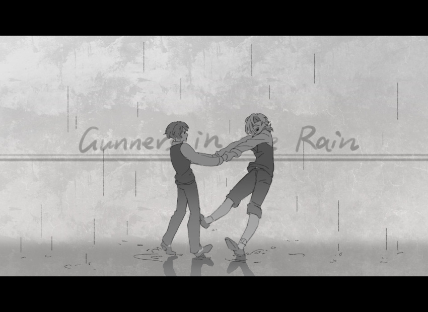 1boy 1girl dancing full_body greyscale highres holding_hands kromer_(limbus_company) letterboxed limbus_company long_sleeves low_ponytail monochrome multicolored_hair pants project_moon puddle rain school_uniform shiqicheng shirt shoes sinclair_(limbus_company) socks streaked_hair vest water wide_shot