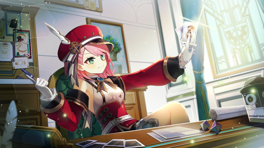 1girl absurdres blue_gemstone bow bowtie card charlotte_(genshin_impact) closed_mouth detached_sleeves feathers gem genshin_impact gloves green_eyes half_gloves hat hat_feather highres holding holding_card holding_pen indoors leg_up long_sleeves looking_ahead merry-san on_chair pen pink_hair red_headwear shirt short_hair sitting sleeveless sleeveless_shirt smile solo white_gloves