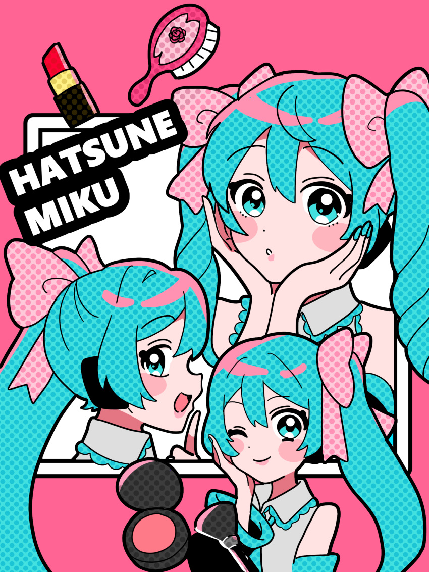1girl absurdres alternate_hairstyle aqua_eyes aqua_hair bare_shoulders blue_eyes blue_hair blue_nails blush bow character_name cosmetics detached_sleeves drill_hair finger_to_mouth hair_between_eyes hair_bow hair_brush hair_ornament halftone hand_on_own_face hands_on_own_face hatsune_miku headphones highres lipstick lipstick_tube long_hair looking_at_viewer makeup makeup_brush necktie one_eye_closed pink_bow pink_lips ponytail rouge_(makeup) shirt side_ponytail smile solo sugarmonaka twin_drills very_long_hair vocaloid