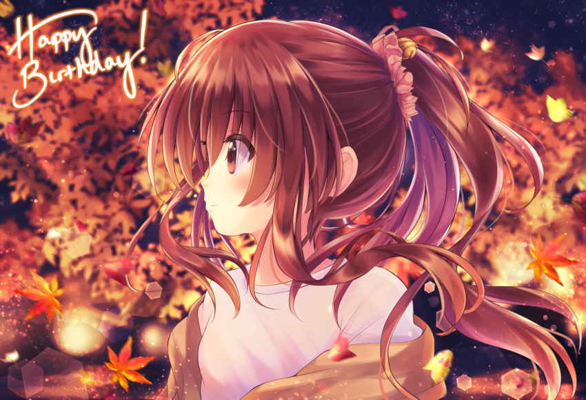 1girl 2023 ahoge autumn autumn_leaves bell blurry blurry_background blush brown_eyes brown_hair close-up closed_mouth commentary_request dated_commentary depth_of_field eyelashes eyes_visible_through_hair floating_hair hair_bell hair_between_eyes hair_ornament hair_scrunchie happy_birthday highres jingle_bell leaf lens_flare little_busters! long_hair looking_afar maple_leaf mitsuna natsume_rin night official_alternate_costume outdoors pink_scrunchie ponytail profile scrunchie shirt sidelocks smile solo very_long_hair white_shirt