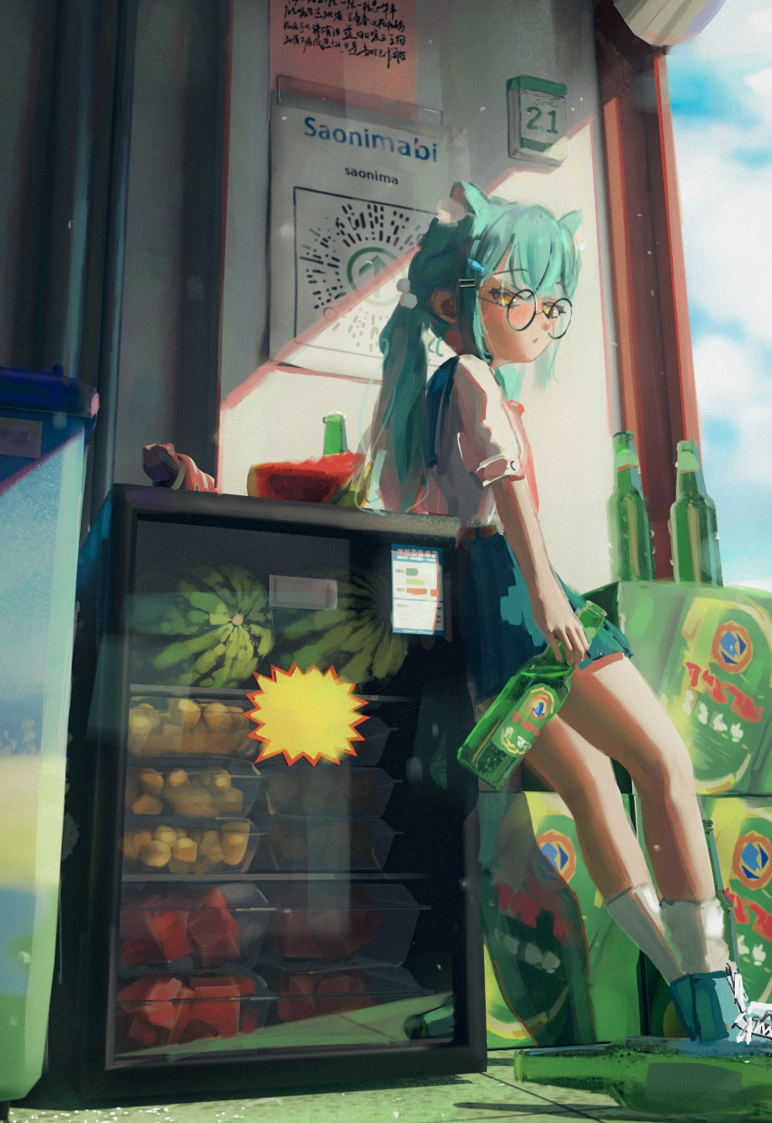 1girl absurdres alcohol animal_ear_fluff animal_ears aqua_hair aqua_skirt banana beer_bottle bottle calendar_(object) cat_ears clouds cloudy_sky cropped food fruit glasses highres holding holding_bottle hsch leaning_on_object long_hair looking_at_viewer low_ponytail melon melon_slice miniskirt original refrigerator round_eyewear shoes sidelocks skirt sky sneakers socks solo white_background white_socks yellow_eyes