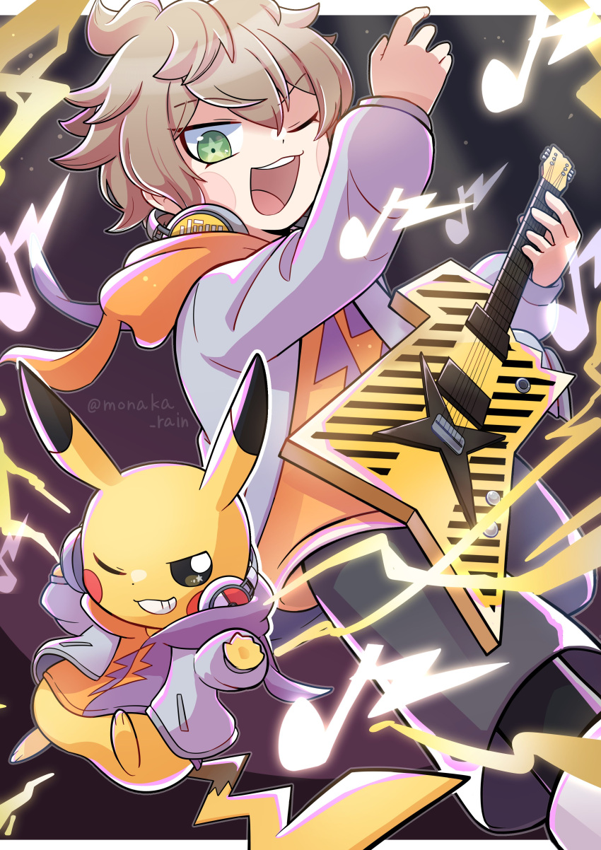 1boy ;d absurdres arm_up black_pants blonde_hair commentary_request crossover desuhiko_thunderbolt electric_guitar electricity glowing green_eyes grey_jacket grin guitar hair_between_eyes highres holding holding_instrument hood hood_down hoodie instrument jacket long_sleeves looking_at_viewer male_focus master_detective_archives:_rain_code monaka_(monaka_alola) music musical_note one_eye_closed open_clothes open_jacket open_mouth pants pikachu playing_instrument pokemon pokemon_(creature) short_hair smile solo standing star_(symbol) star_in_eye symbol_in_eye twitter_username yellow_hoodie