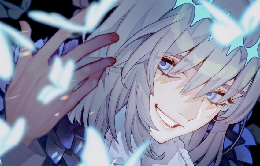 1boy black_background blue_eyes bug butterfly cloak collared_shirt diamond_hairband evil_grin evil_smile eyelashes fate/grand_order fate_(series) frilled_shirt_collar frills glowing_butterfly grey_hair grin hair_between_eyes hand_up highres kujiraoka long_sleeves male_focus oberon_(fate) portrait shirt short_hair simple_background smile solo