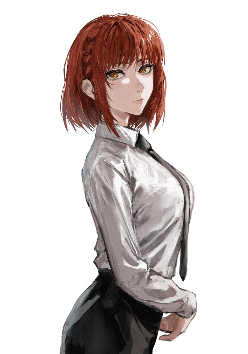 1girl alternate_hair_length alternate_hairstyle black_necktie black_pants braid breasts brown_eyes chainsaw_man closed_mouth collared_shirt highres lips long_sleeves looking_at_viewer makima_(chainsaw_man) medium_breasts necktie pants raberu_ruru redhead ringed_eyes shirt short_hair simple_background solo standing white_background white_shirt