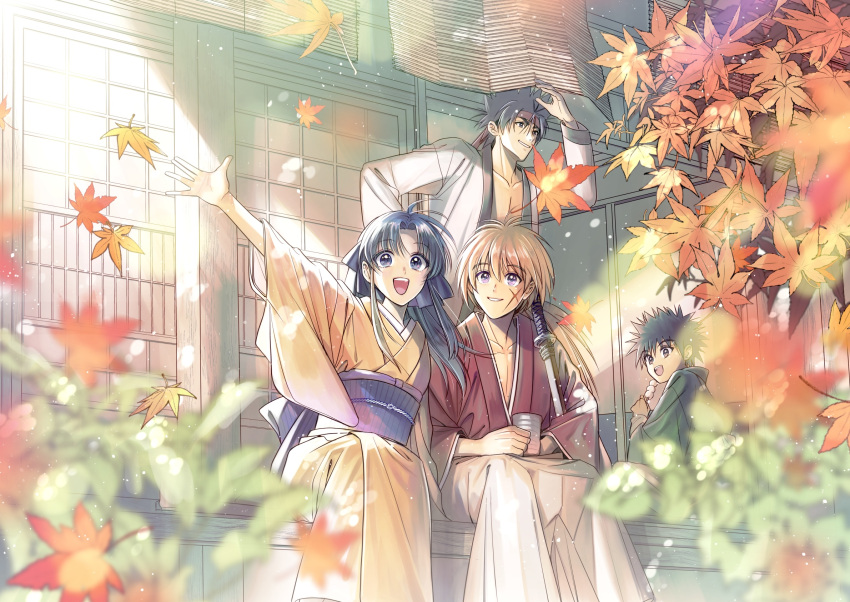 1girl 3boys architecture arm_up autumn black_hair blue_eyes blue_hair blue_ribbon blurry blurry_foreground building collarbone commentary_request cross_scar cup east_asian_architecture green_kimono hair_between_eyes hair_ribbon hakama hakama_pants headband high_ponytail highres himura_kenshin holding holding_cup japanese_clothes kamiya_kaoru katana kimono leaf light_particles long_hair long_sleeves looking_at_viewer looking_up low_ponytail maple_leaf multiple_boys myoujin_yahiko natsu_mikan_(level9) obi open_clothes open_mouth open_shirt orange_hair outstretched_arm outstretched_hand pants parted_bangs parted_lips pectorals plant red_headband red_kimono ribbon rurouni_kenshin sagara_sanosuke sash scar scar_on_cheek scar_on_face sheath sheathed short_hair sidelocks sitting smile spiky_hair sword violet_eyes weapon white_hakama wide_sleeves yellow_kimono