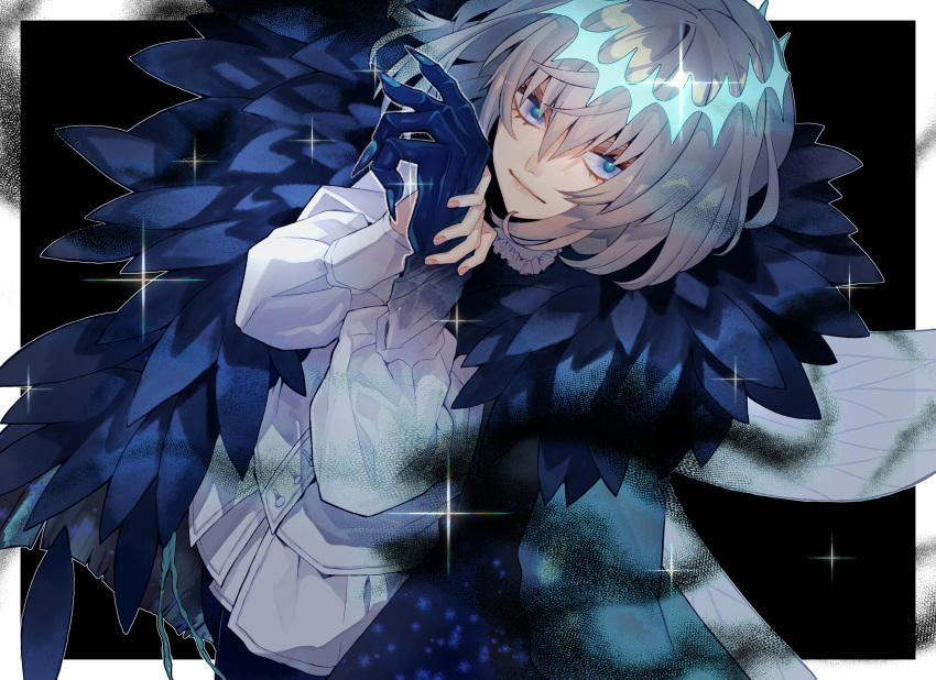 1boy absurdres black_background black_pants blue_eyes border closed_mouth collared_shirt diamond_hairband dragonfly_wings dress_shirt dutch_angle eyelashes fate/grand_order fate_(series) feathered_cape fingernails frilled_shirt_collar frills grey_hair hair_between_eyes highres kujiraoka looking_at_viewer male_focus oberon_(fate) oberon_(third_ascension)_(fate) pants sharp_fingernails shirt short_hair solo sparkle white_border white_shirt