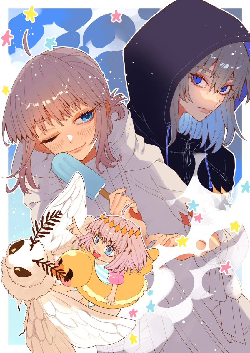 3boys aged_down arm_up blanca_(fate) blue_eyes blush border brown_hair bug closed_mouth coat diamond_hairband drawstring duck_innertube eyelashes fate/grand_order fate_(series) food grey_hair highres holding holding_food holding_popsicle hood hood_up inflatable_armbands kujiraoka looking_to_the_side male_focus moth multiple_boys multiple_persona oberon_(fate) oberon_(third_ascension)_(fate) one_eye_closed open_mouth pointing popsicle riding smile white_border white_coat