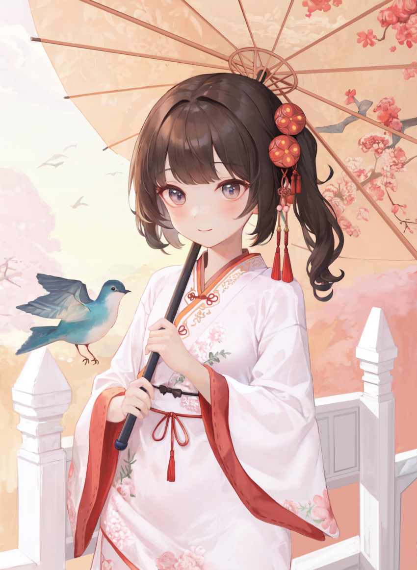 1girl 654671610 absurdres bird blue_bird blunt_bangs blush breasts brown_eyes brown_hair cherry_blossoms chinese_clothes cowboy_shot floral_print hair_ornament hanfu highres holding holding_umbrella loli looking_at_viewer medium_hair oil-paper_umbrella original outdoors robe side_ponytail small_breasts tree umbrella