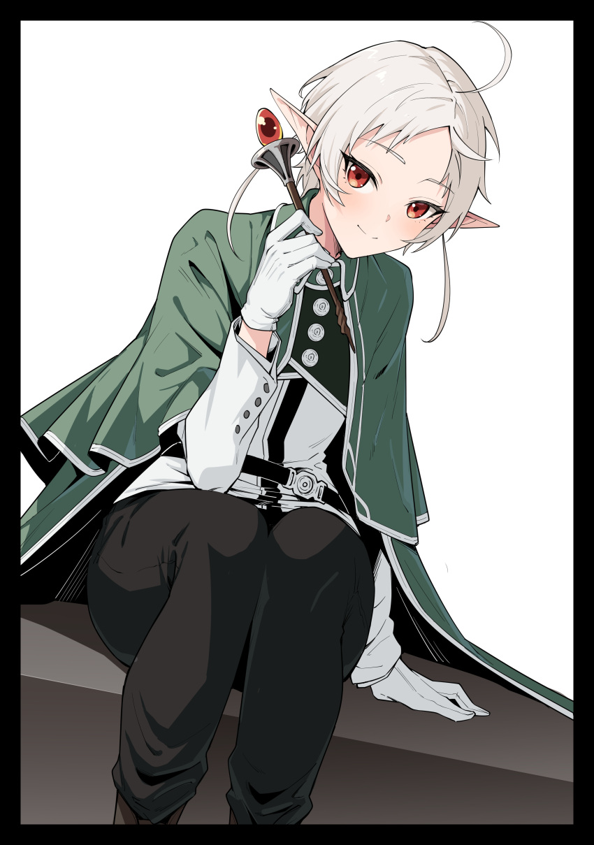 1girl absurdres ahoge black_border black_pants border capelet chubb cloak closed_mouth elf gloves green_capelet green_cloak highres holding holding_wand jacket looking_at_viewer mushoku_tensei pants parted_bangs pointy_ears red_eyes short_hair sitting smile solo sylphiette_(mushoku_tensei) wand white_background white_gloves white_hair white_jacket