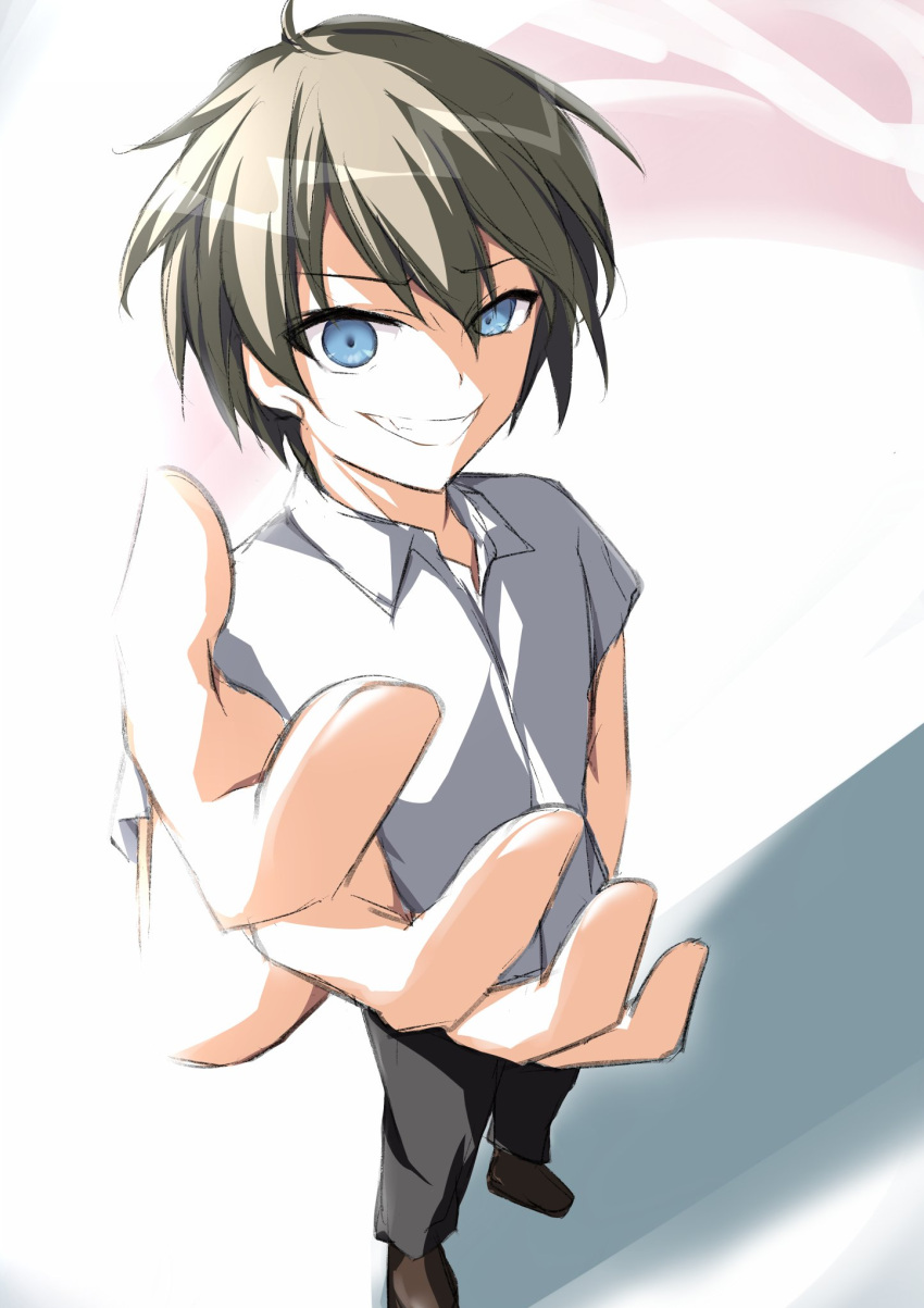 1boy asagi_nanami black_pants blue_eyes brown_footwear brown_hair commentary_request crazy crazy_eyes crazy_smile dress_shirt evil_grin evil_smile eyelashes foreshortening from_above full_body grin highres looking_at_viewer mamiya_takuji open_hand outstretched_arm pants reaching reaching_towards_viewer shirt short_hair short_sleeves sidelighting simple_background smile solo spiky_hair standing subarashiki_hibi v-shaped_eyebrows white_background white_shirt