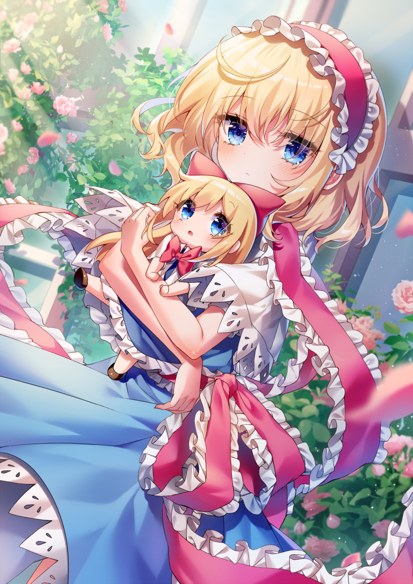1girl alice_margatroid blonde_hair blue_dress blue_eyes blush capelet closed_mouth dress falling_petals flower frilled_ribbon frills hair_between_eyes hairband highres lolita_hairband petals pink_flower pudding_(skymint_028) red_hairband red_ribbon ribbon shanghai_doll short_hair solo touhou white_capelet