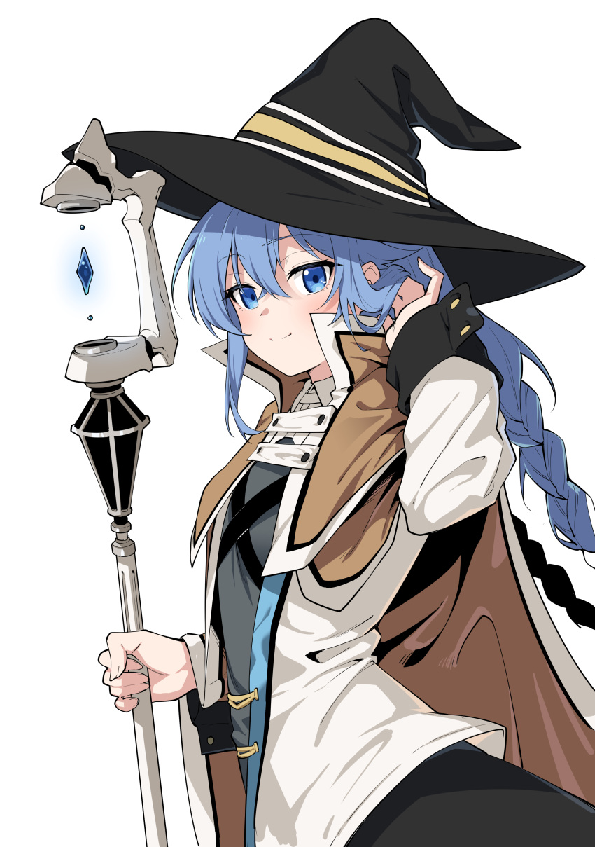 1girl absurdres black_headwear black_skirt blue_eyes blue_hair blush braid brown_cloak chubb cloak closed_mouth crossed_bangs hair_between_eyes hat highres holding holding_staff long_hair looking_at_viewer mage_staff mushoku_tensei roxy_migurdia sidelocks simple_background skirt smile solo staff twin_braids white_background witch_hat wrist_cuffs