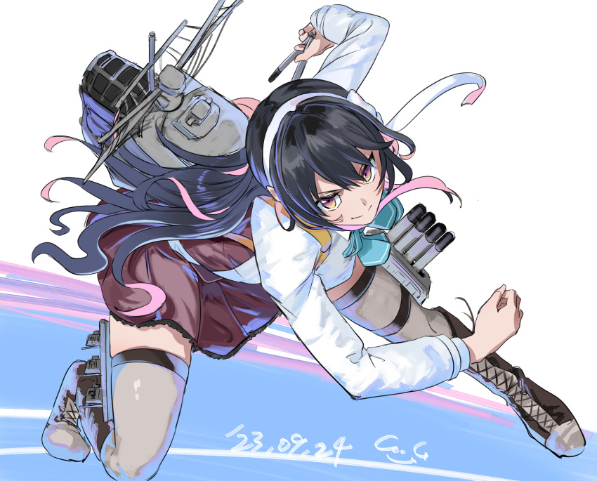 1girl adapted_turret aqua_bow aqua_bowtie black_hair blazer bow bowtie breasts cannon full_body gegeron grey_thighhighs hair_between_eyes hair_down hairband hat highres jacket kantai_collection large_breasts long_hair long_sleeves looking_at_viewer machinery mast military_uniform multicolored_hair naganami_(kancolle) naganami_kai_ni_(kancolle) naval_uniform peaked_cap pink_hair rigging school_uniform smile smokestack solo standing standing_on_liquid thigh-highs torpedo_launcher torpedo_tubes turret two-tone_hair uniform wavy_hair white_hairband yellow_eyes