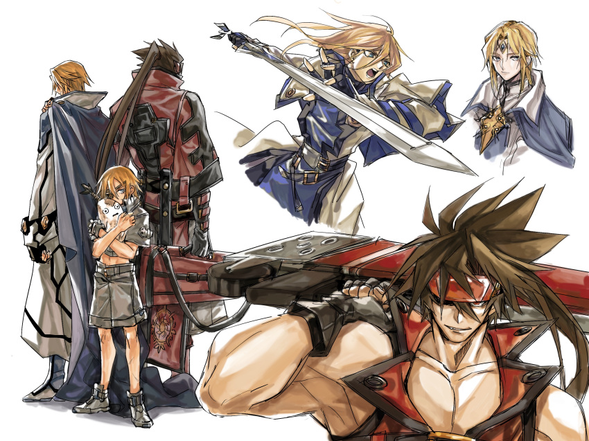 3boys abs blonde_hair brown_hair cape capelet coat crown dong_hole eyepatch fingerless_gloves gloves guilty_gear guilty_gear_xrd headband highres holding holding_stuffed_toy holding_sword holding_weapon huge_weapon ky_kiske long_hair multiple_boys muscular muscular_male ponytail red_eyes red_headband shoes shorts sidelocks simple_background sin_kiske sneakers sol_badguy spiky_hair stuffed_toy sword weapon white_background