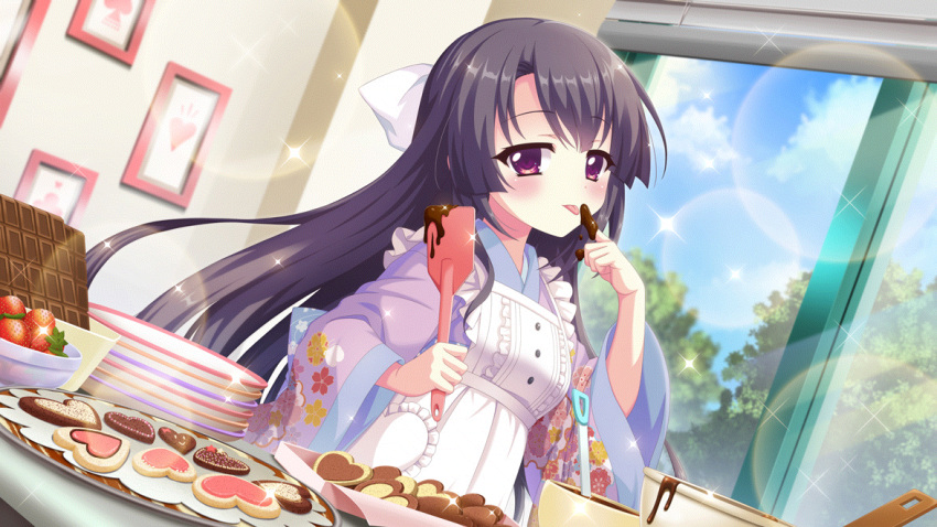 1girl apron baking black_hair blue_kimono blue_sky bow candy chocolate chocolate_bar chocolate_on_hand clouds cookie day dot_nose dutch_angle film_grain floral_print food food_on_hand frilled_apron frills fruit game_cg hair_bow heart-shaped_cookie holding holding_spatula ichikishima_mizuha icing izumi_tsubasu japanese_clothes kimono large_bow lens_flare licking licking_finger long_hair looking_at_viewer mixing_bowl non-web_source official_art picture_(object) plate plate_stack print_kimono purple_kimono re:stage! sky solo sparkle spatula straight_hair strawberry tongue tongue_out tree two-tone_kimono violet_eyes white_apron white_bow window window_blinds