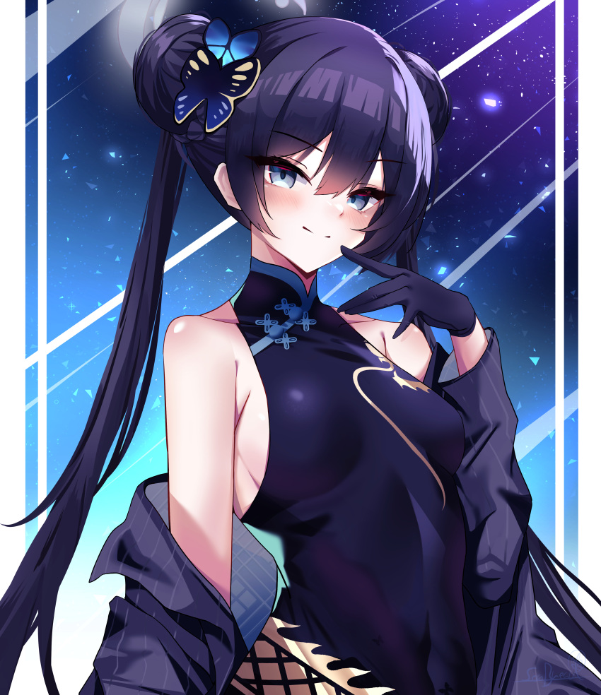 1girl absurdres armpits black_coat black_dress black_gloves black_hair blue_archive butterfly_hair_ornament china_dress chinese_clothes coat commentary_request double_bun dress gloves grey_eyes groin hair_between_eyes hair_bun hair_ornament halo highres kisaki_(blue_archive) long_hair long_sleeves looking_at_viewer open_clothes open_coat pelvic_curtain print_dress seabread side_slit sidelocks sleeveless sleeveless_dress sleeveless_turtleneck smile solo turtleneck twintails