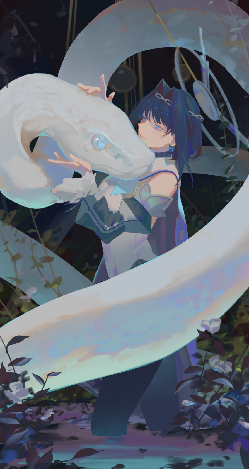 1girl absurdres animal arms_up bennopi black_thighhighs blue_bow blue_eyes blue_hair blue_ribbon boros_(ouro_kronii) bow bow_earrings breasts caress chain chain_headband clothing_cutout detached_sleeves earrings giant_snake hair_intakes halo highres hololive hololive_english jewelry light_smile mechanical_halo miniskirt ouro_kronii ouro_kronii_(1st_costume) oversized_animal plant ribbon shirt short_hair shorts skirt sleeveless sleeveless_shirt sleeveless_turtleneck smile snake thigh-highs turtleneck virtual_youtuber water white_snake