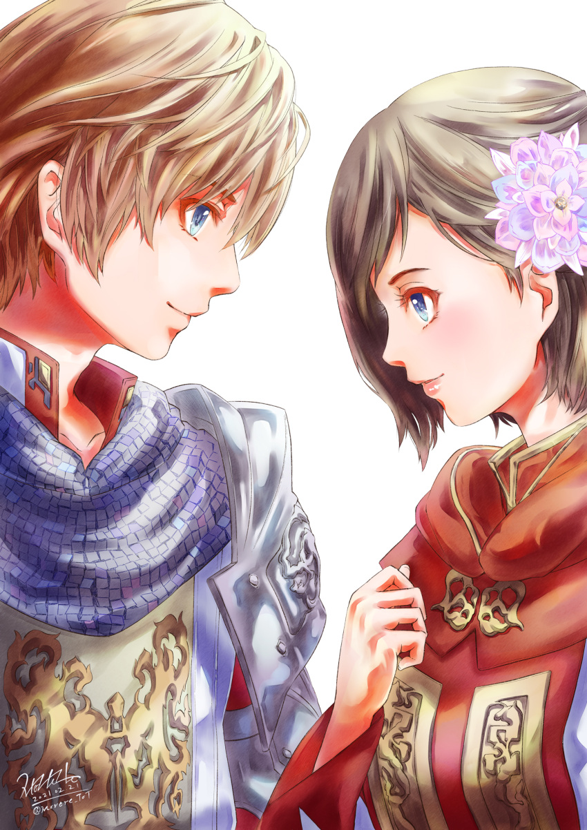 1boy 1girl 2021 adventurer_(ff11) artist_name blonde_hair blue_eyes blue_flower brown_hair closed_mouth commentary_request dated eye_contact final_fantasy final_fantasy_xi flower hair_flower hair_ornament highres hume looking_at_another looking_at_viewer morere multicolored_flower open_mouth pink_flower pink_lips short_hair signature simple_background smile twitter_username white_background white_flower