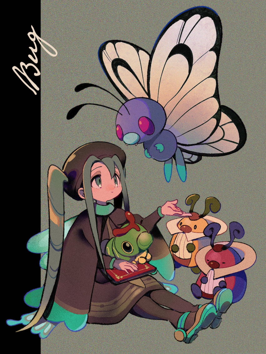1girl brown_dress brown_headwear brown_pantyhose bug_miku_(project_voltage) butterfree caterpie commentary_request crossover dress green_eyes green_footwear green_hair grey_background hat hatsune_miku highres kricketot long_hair long_sleeves looking_up ok_ko19 on_lap pantyhose pokemon pokemon_(creature) pokemon_on_lap project_voltage shoes sidelocks sitting twintails vocaloid