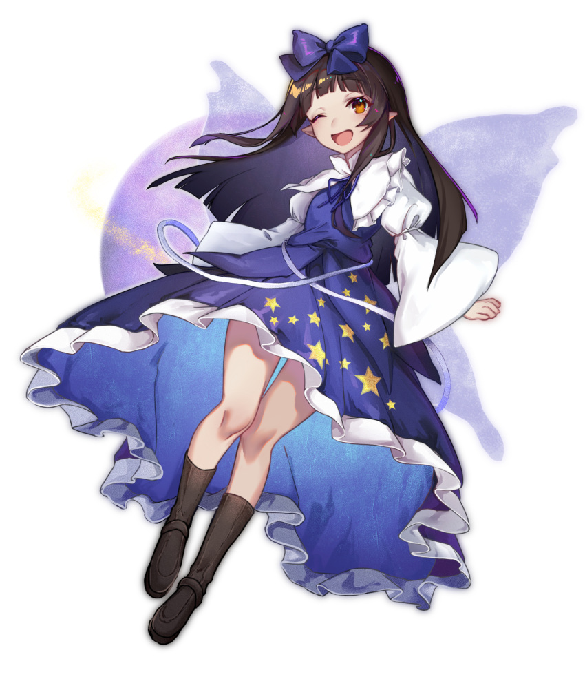 1girl absurdres black_footwear blue_bow blue_dress boots bow brown_eyes brown_hair dress fairy fairy_wings frilled_dress frills full_body hair_bow highres long_hair long_sleeves one_eye_closed open_mouth pointy_ears simple_background smile solo star_(symbol) star_print star_sapphire touhou user_rrkc4285 white_background wide_sleeves wings