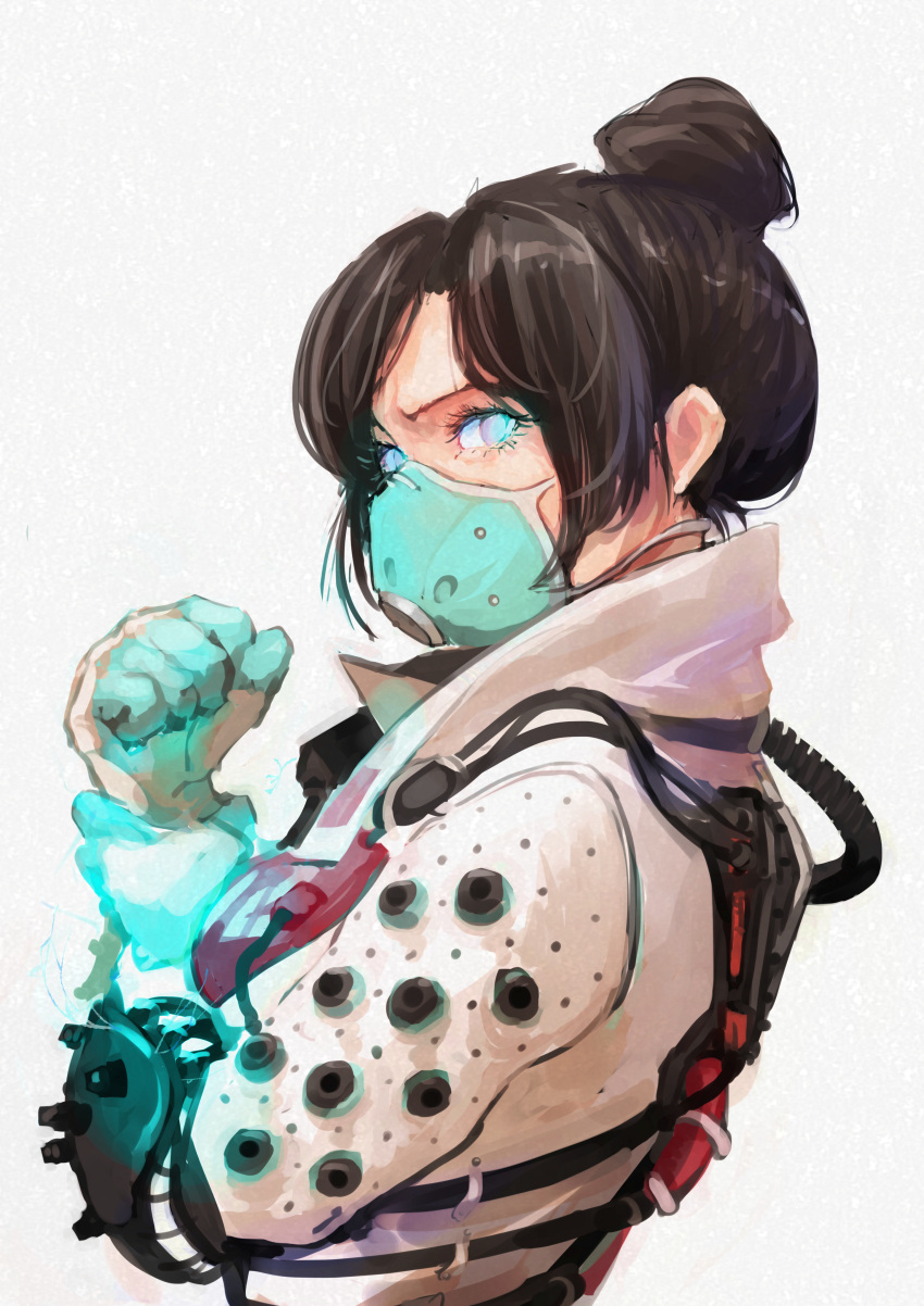 1girl absurdres animification apex_legends aqua_gloves black_hair blue_eyes breasts cable from_side gloves glowing glowing_hand grey_background hair_behind_ear hair_bun higemu highres holding_own_arm jacket looking_at_viewer mask medium_breasts mouth_mask no_pupils official_alternate_costume parted_bangs quarantine_722_wraith single_hair_bun solo two-tone_gloves upper_body v-shaped_eyebrows white_gloves white_jacket wraith_(apex_legends)
