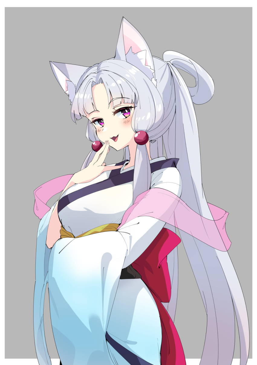 1girl animal_ear_fluff animal_ears arm_under_breasts breasts fox_ears grey_hair hair_ornament highres japanese_clothes kimono large_breasts long_hair long_sleeves looking_at_viewer parted_bangs ponytail sidelocks solo touhoku_itako very_long_hair violet_eyes voiceroid white_kimono wide_sleeves zooanime