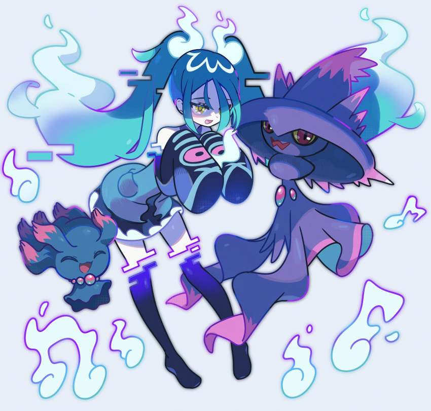 1girl aqua_hair fuinagi_(huyuu_mm) ghost ghost_miku_(project_voltage) glitch grey_shirt hair_over_one_eye hatsune_miku highres long_hair misdreavus mismagius necktie open_mouth pale_skin pokemon pokemon_(creature) project_voltage see-through see-through_skirt shirt simple_background skirt sleeves_past_fingers sleeves_past_wrists twintails very_long_hair vocaloid will-o'-the-wisp_(mythology) yellow_eyes